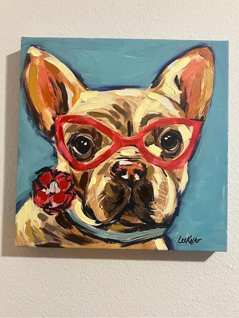 Blue Background French Bulldog Canvas Wall Art with Red Glasses